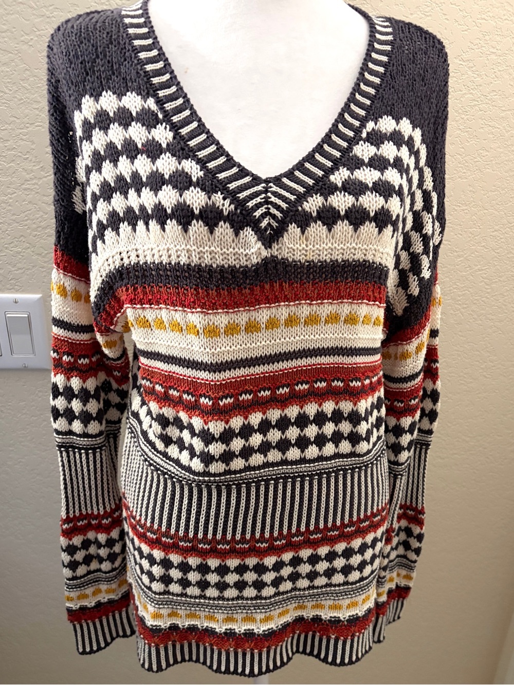 Grace & Lace V-Neck Cotton Sweater in Black, Cream, Red and Mustard